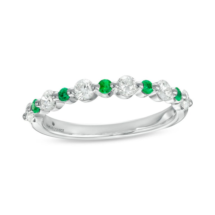 Alternating Diamond and Green Emerald Wedding Band In White Gold 14K