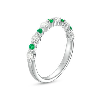 Alternating Diamond and Green Emerald Wedding Band In White Gold 14K