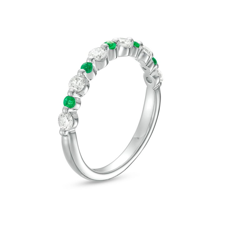 Alternating Diamond and Green Emerald Wedding Band In White Gold 14K