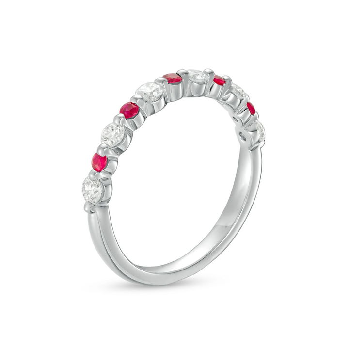 White Gold 14K Alternating Diamond and Ruby Wedding Band