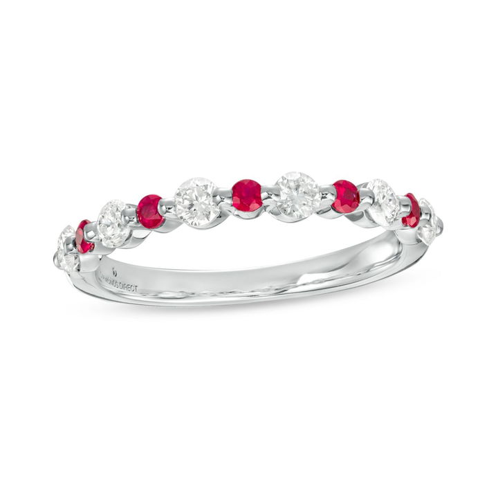 White Gold 14K Alternating Diamond and Ruby Wedding Band