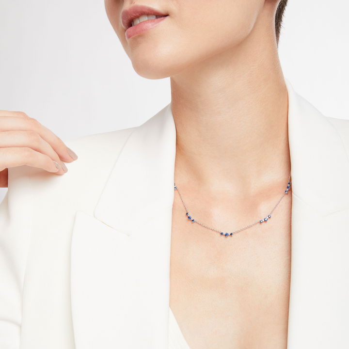 White Gold 14K Alternating Sapphire and Diamond Station Necklace