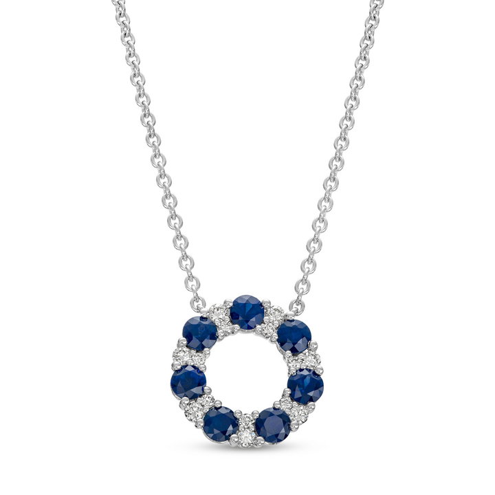 Sapphire and Diamond Circle Pendant In Solid 14K White Gold