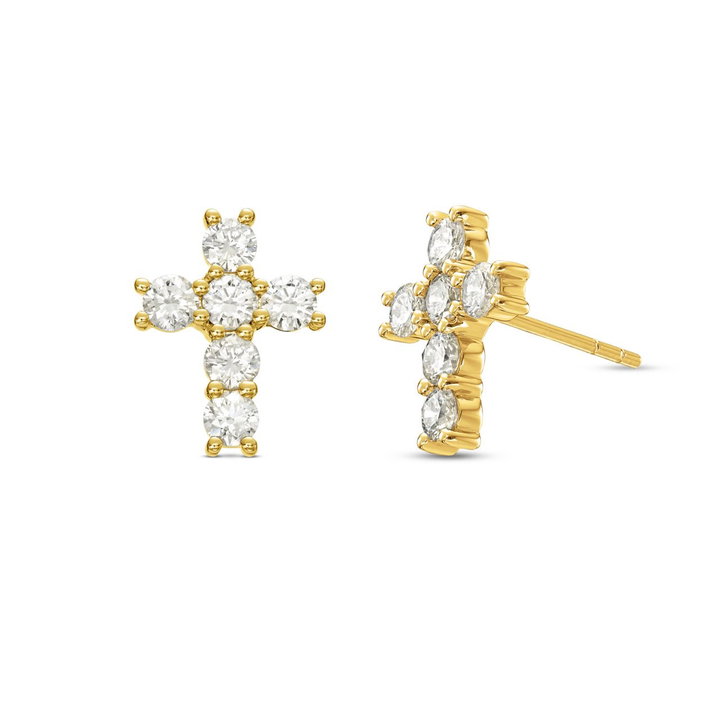 Diamond Cross Stud Earrings In Yellow Gold 18K