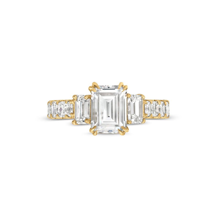 Yellow Gold 18K Three Stone Emerald and Asscher Diamond Engagement Setting by C. Gonshor