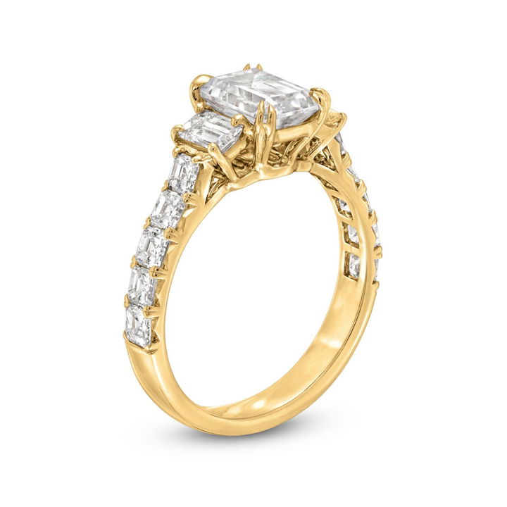 Yellow Gold 18K Three Stone Emerald and Asscher Diamond Engagement Setting by C. Gonshor