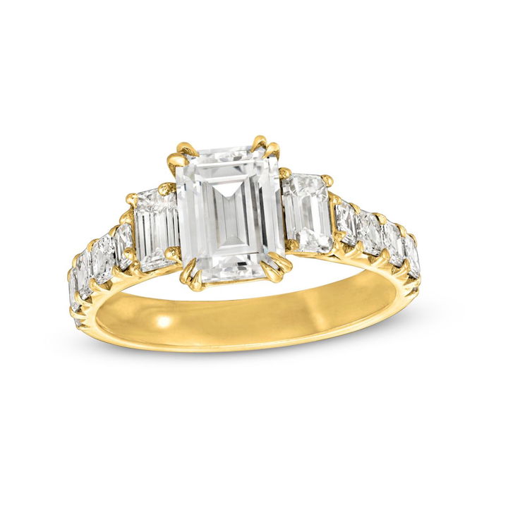 Yellow Gold 18K Three Stone Emerald and Asscher Diamond Engagement Setting by C. Gonshor