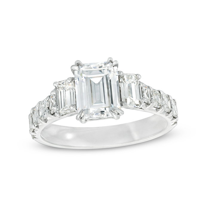 Three Stone Emerald and Asscher Diamond Engagement Setting by C. Gonshor In White Gold 18K