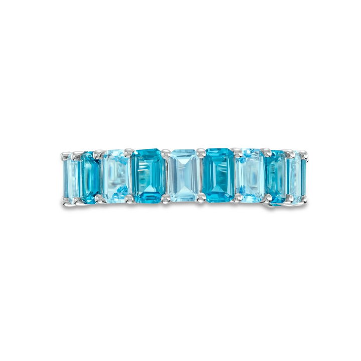Alternating Emerald Cut Blue Topaz Ring In White Gold 14K