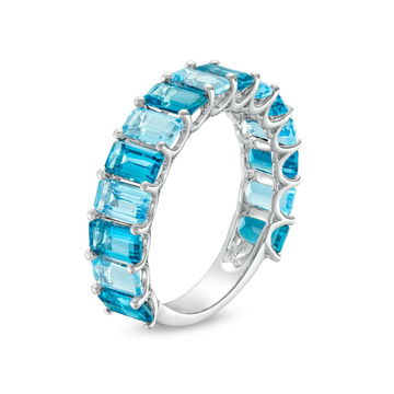 Alternating Emerald Cut Blue Topaz Ring In White Gold 14K