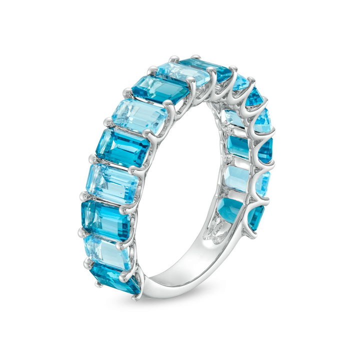Alternating Emerald Cut Blue Topaz Ring In White Gold 14K