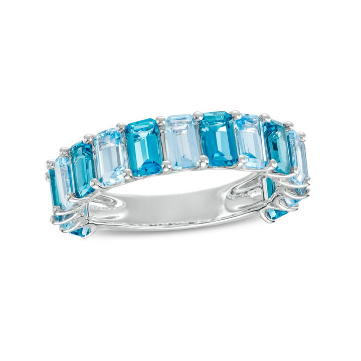 White Gold 14K Alternating Emerald Cut Blue Topaz Ring