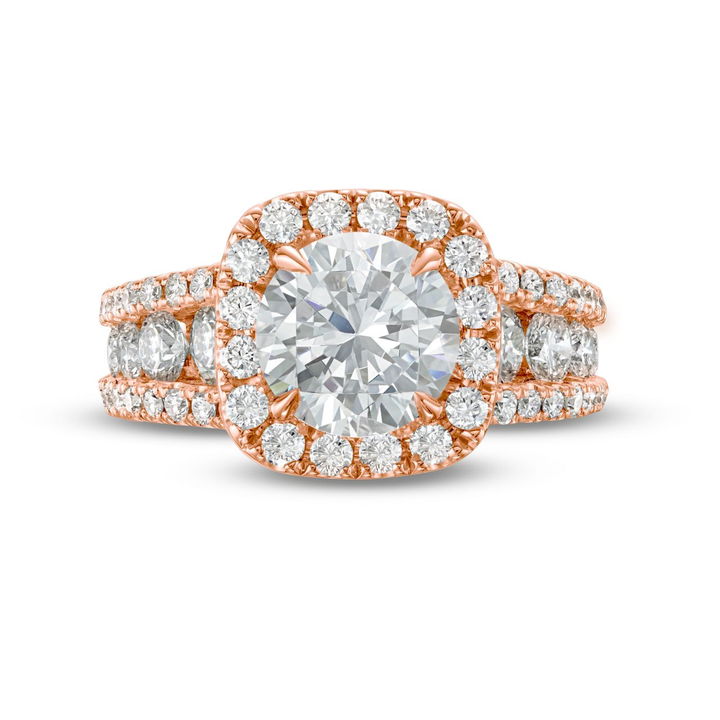 Rose Gold 18K Cushion Halo Three Row Engagement Setting by C. Gonshor