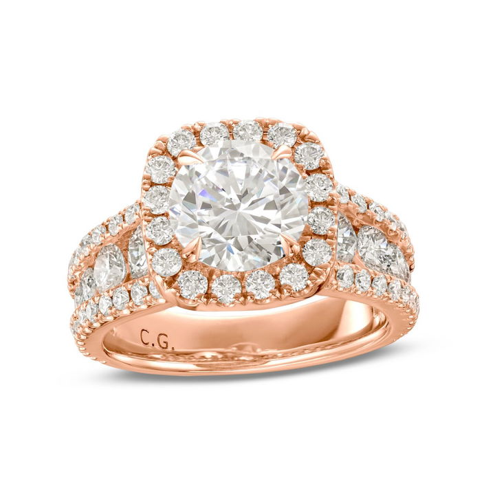 Rose Gold 18K Cushion Halo Three Row Engagement Setting by C. Gonshor