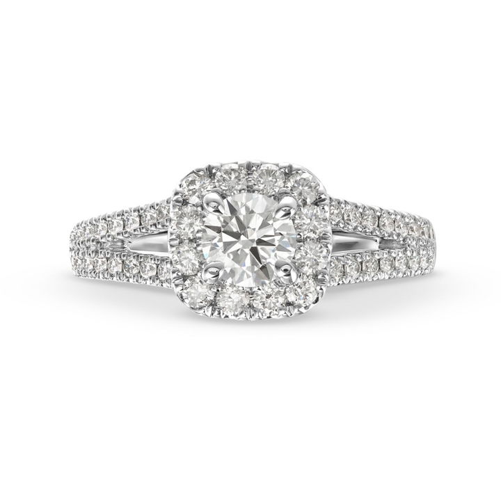 White Gold 14K Round Brilliant Diamond Halo Split Engagement Ring