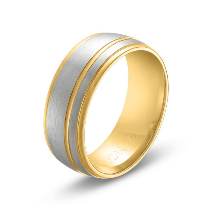 White And Yellow Gold 18K Simon G. Matte Line Accent 8mm Wedding Band