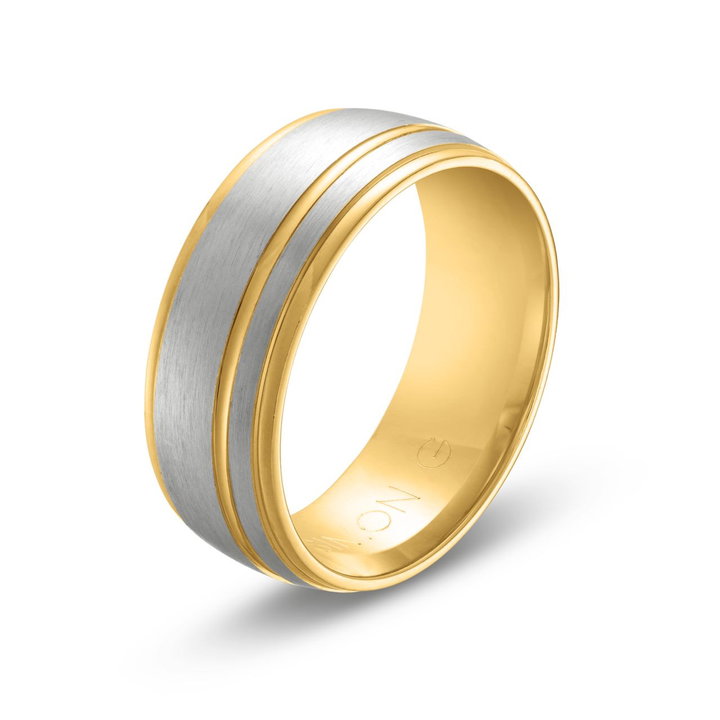 Simon G. Matte Line Accent 8mm Wedding Band In White And Yellow Gold 18K