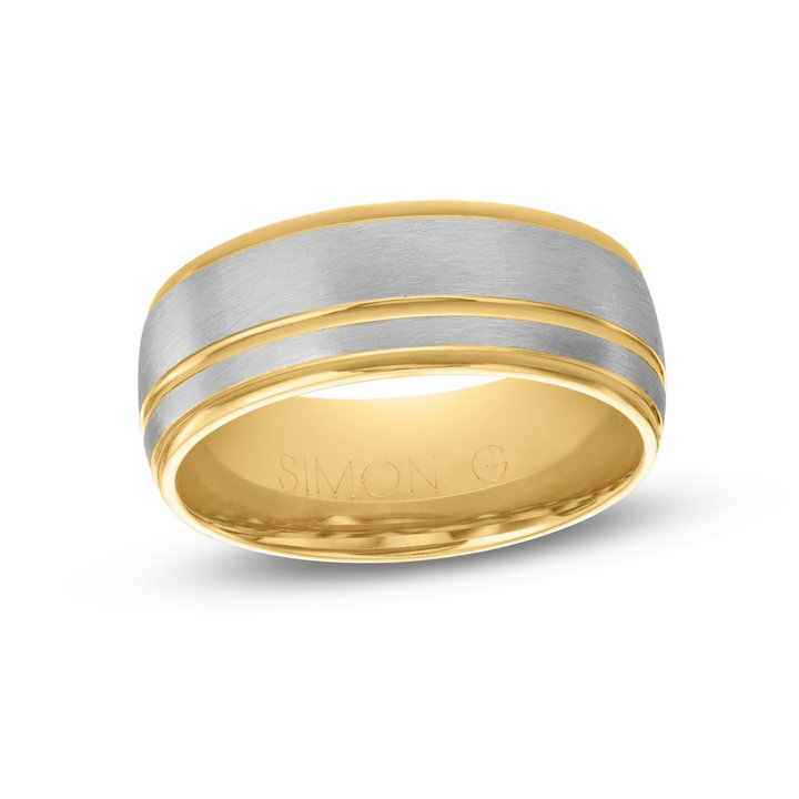 Simon G. Matte Line Accent 8mm Wedding Band In White And Yellow Gold 18K