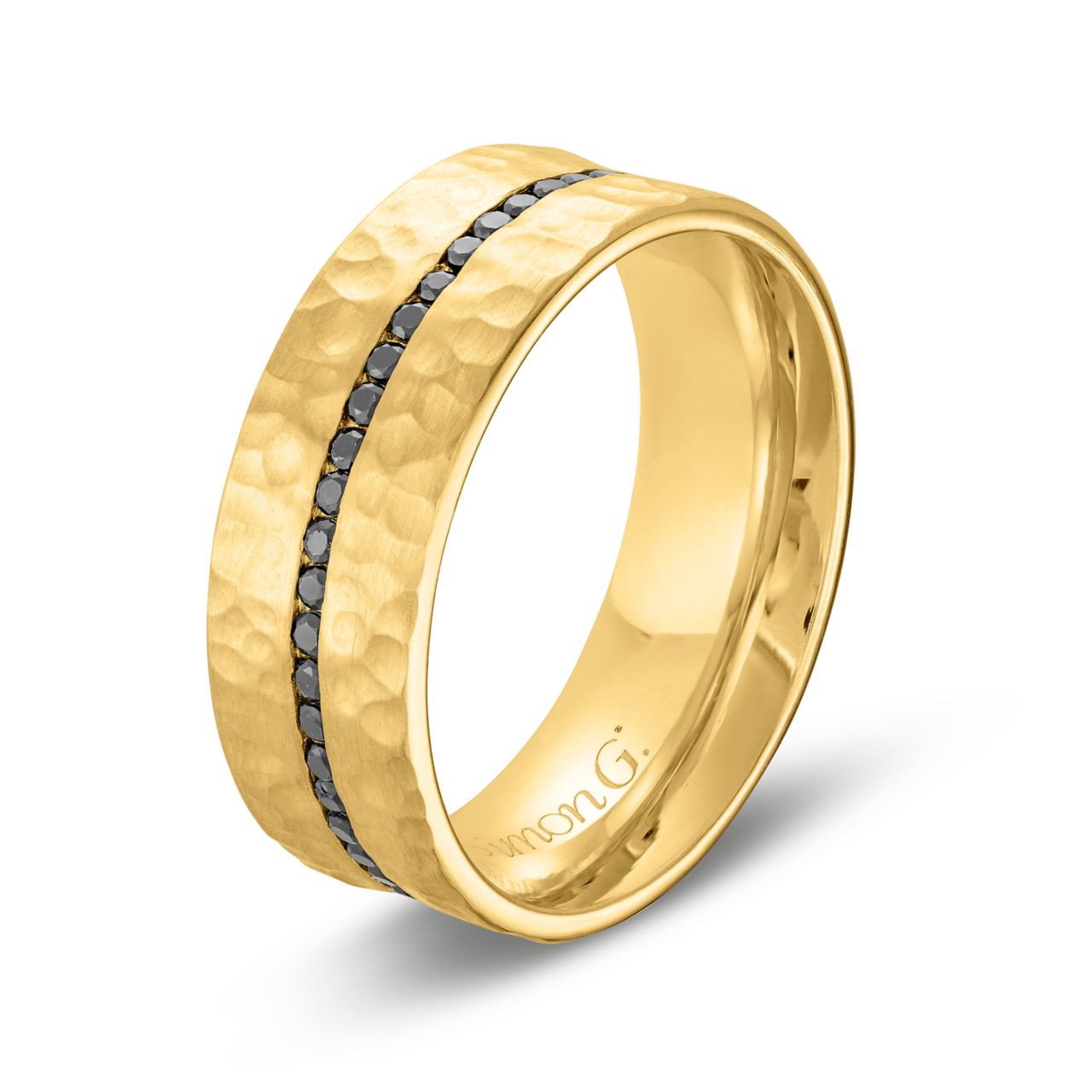 Simon G. Black Diamond Hammer Wedding Band In Yellow Gold 18K 2