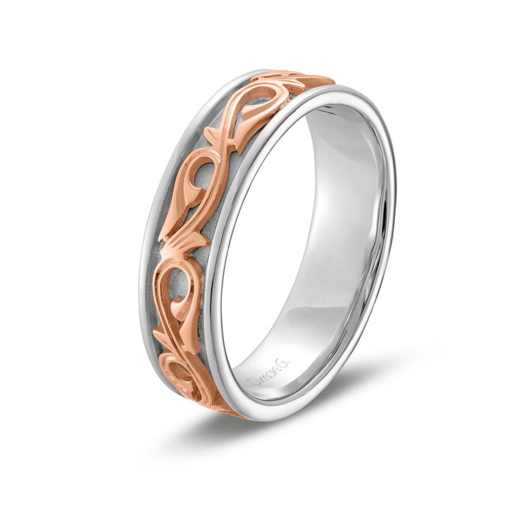 Simon G. Filigree Carved Wedding Band In Rose Gold/white Gold 18K
