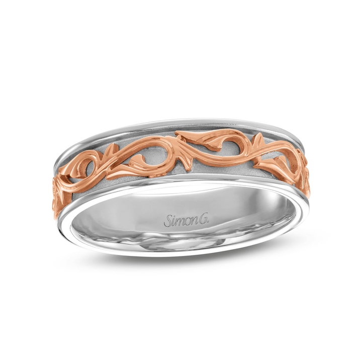 Simon G. Filigree Carved Wedding Band In Rose Gold/white Gold 18K