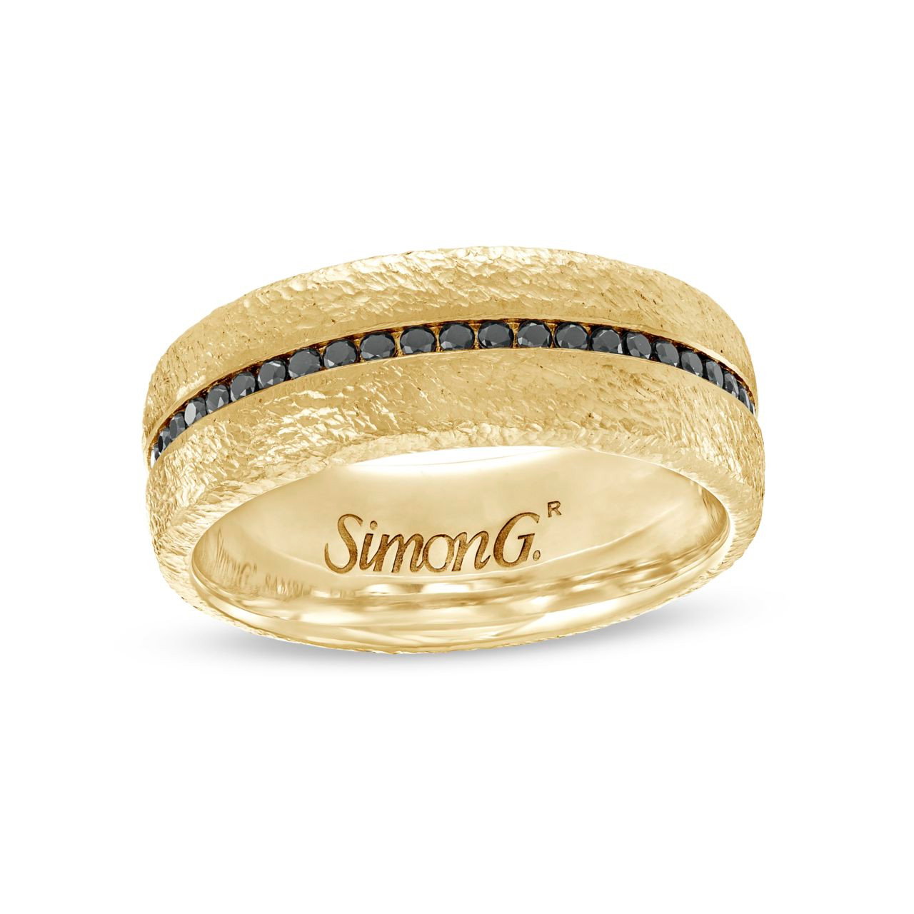 Simon G. Black Diamond Textured 8mm Wedding Band In Yellow Gold 18K 1