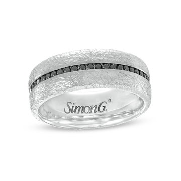 Simon G. Black Diamond Textured 8mm Wedding Band In White Gold 18K