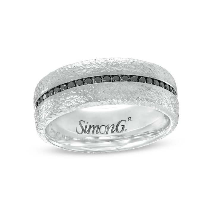 Simon G. Black Diamond Textured 8mm Wedding Band In White Gold 18K