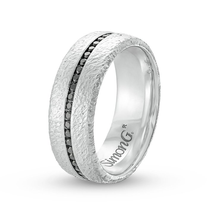 Simon G. Black Diamond Textured 8mm Wedding Band In White Gold 18K
