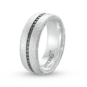 Simon G. Black Diamond Textured 8mm Wedding Band In White Gold 18K