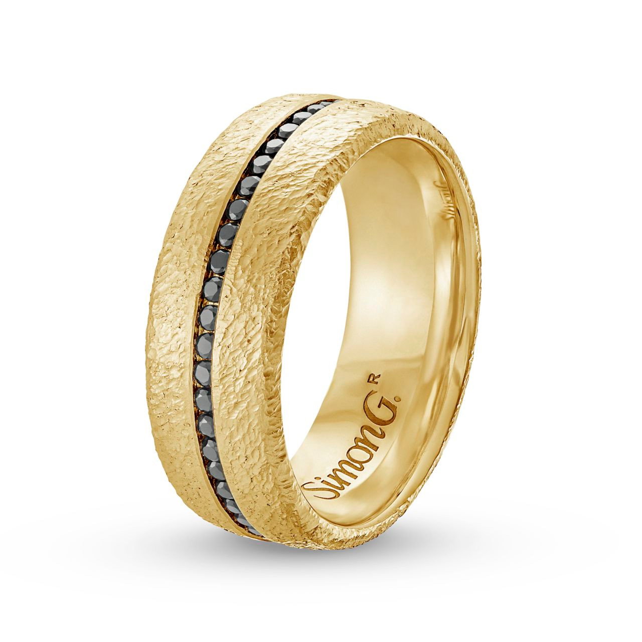 Simon G. Black Diamond Textured 8mm Wedding Band In Yellow Gold 18K 2
