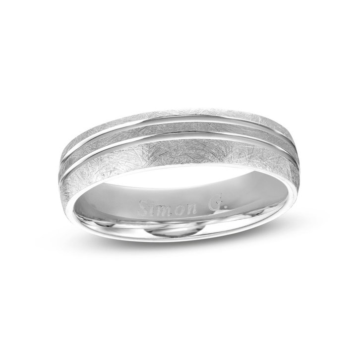 Simon G. Wire Finish Carved Line 5.5mm Wedding Band In Platinum