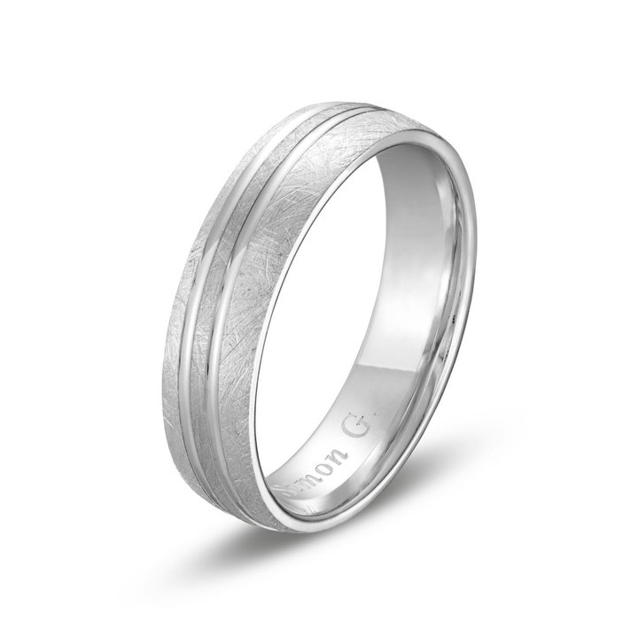 Simon G. Wire Finish Carved Line 5.5mm Wedding Band In Platinum