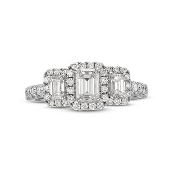 Emerald Diamond Three Stone Halo Engagement Ring In White Gold 14K