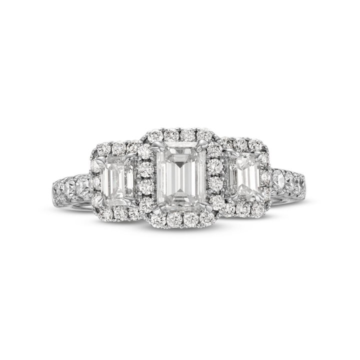 Emerald Diamond Three Stone Halo Engagement Ring In White Gold 14K