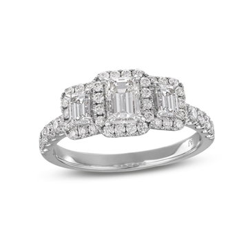 Emerald Diamond Three Stone Halo Engagement Ring In White Gold 14K