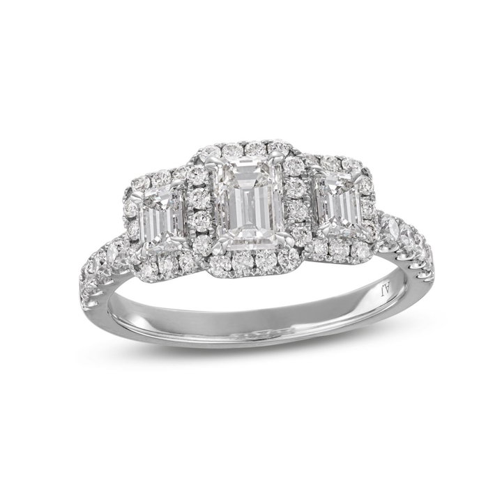Emerald Diamond Three Stone Halo Engagement Ring In White Gold 14K