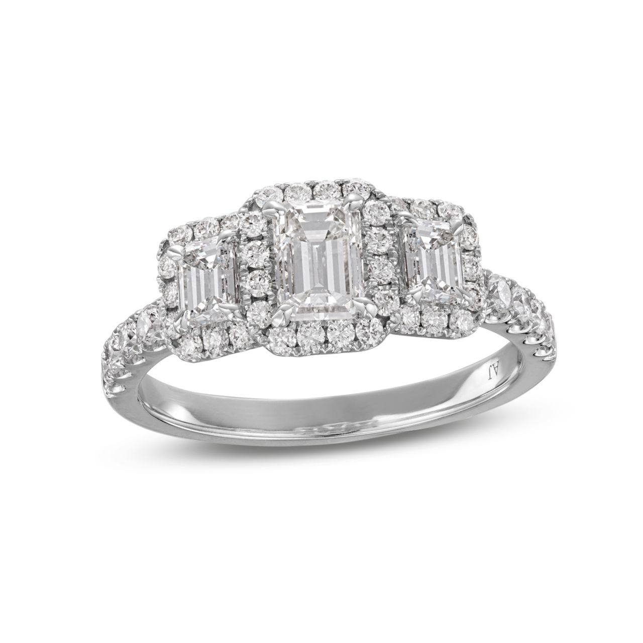 Emerald Diamond Three Stone Halo Engagement Ring 2