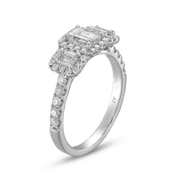 Emerald Diamond Three Stone Halo Engagement Ring In White Gold 14K