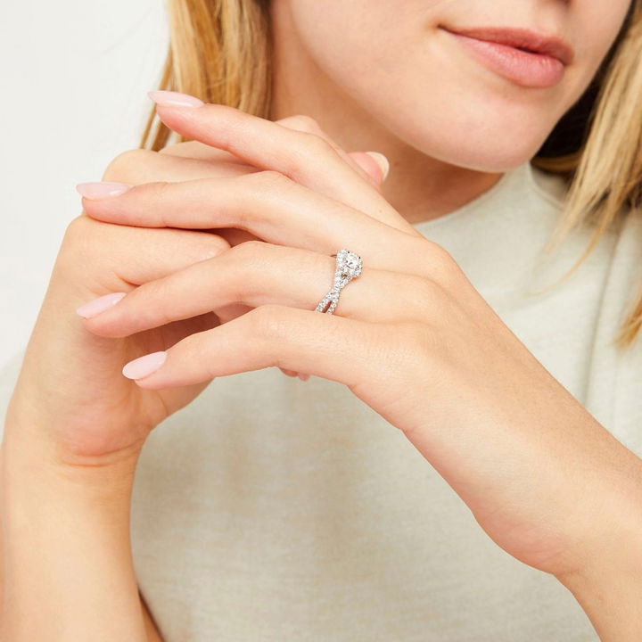 White Gold 14K Round Diamond Halo Petite Twist Engagement Ring