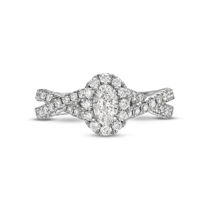 Oval Diamond Halo Petite Twist Engagement Ring In White Gold 14K