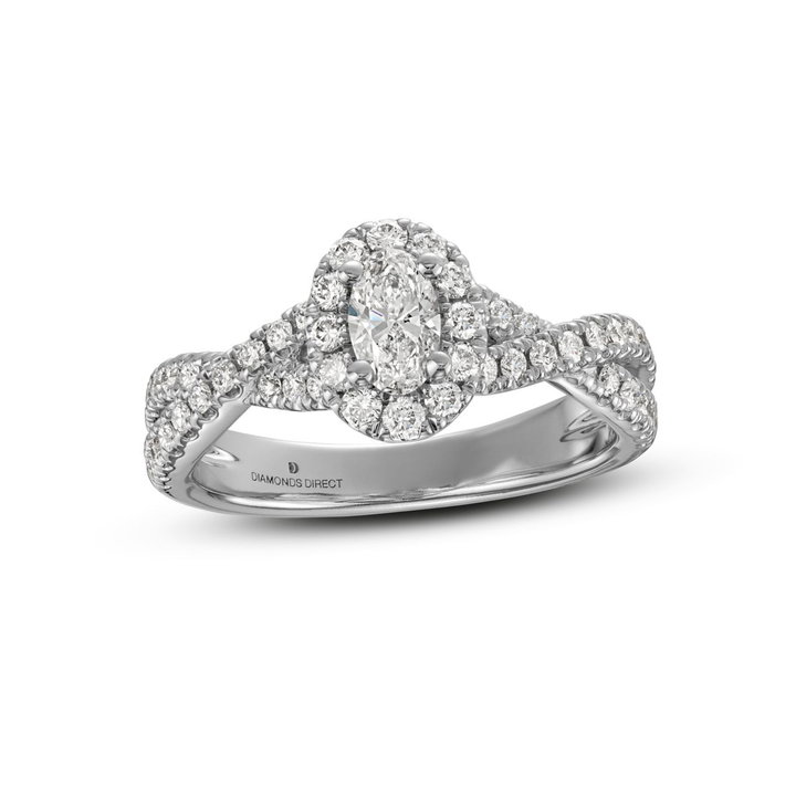 Oval Diamond Halo Petite Twist Engagement Ring In White Gold 14K