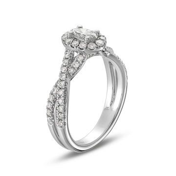 Oval Diamond Halo Petite Twist Engagement Ring In White Gold 14K