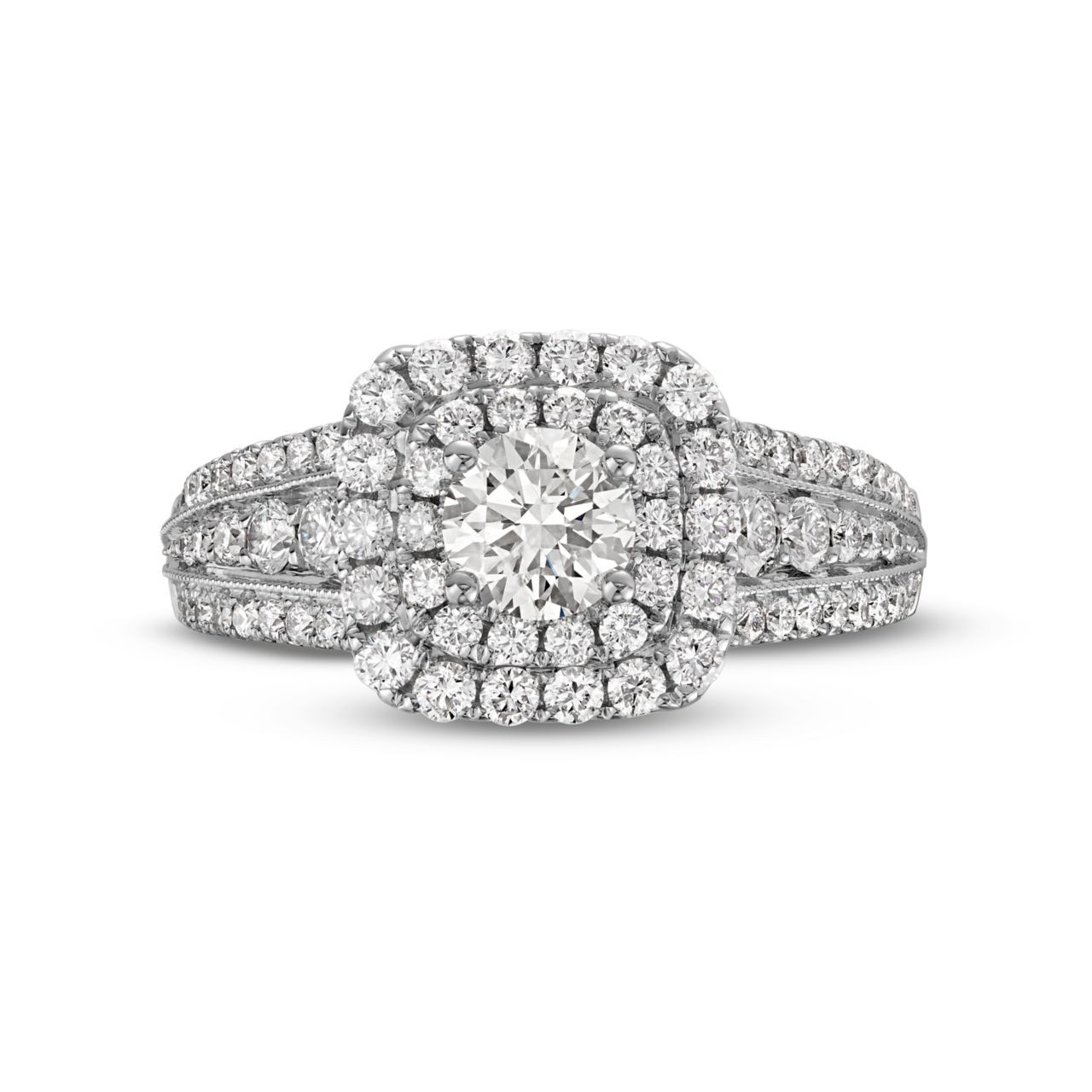 Round Diamond Double Halo Three Row Engagement Ring