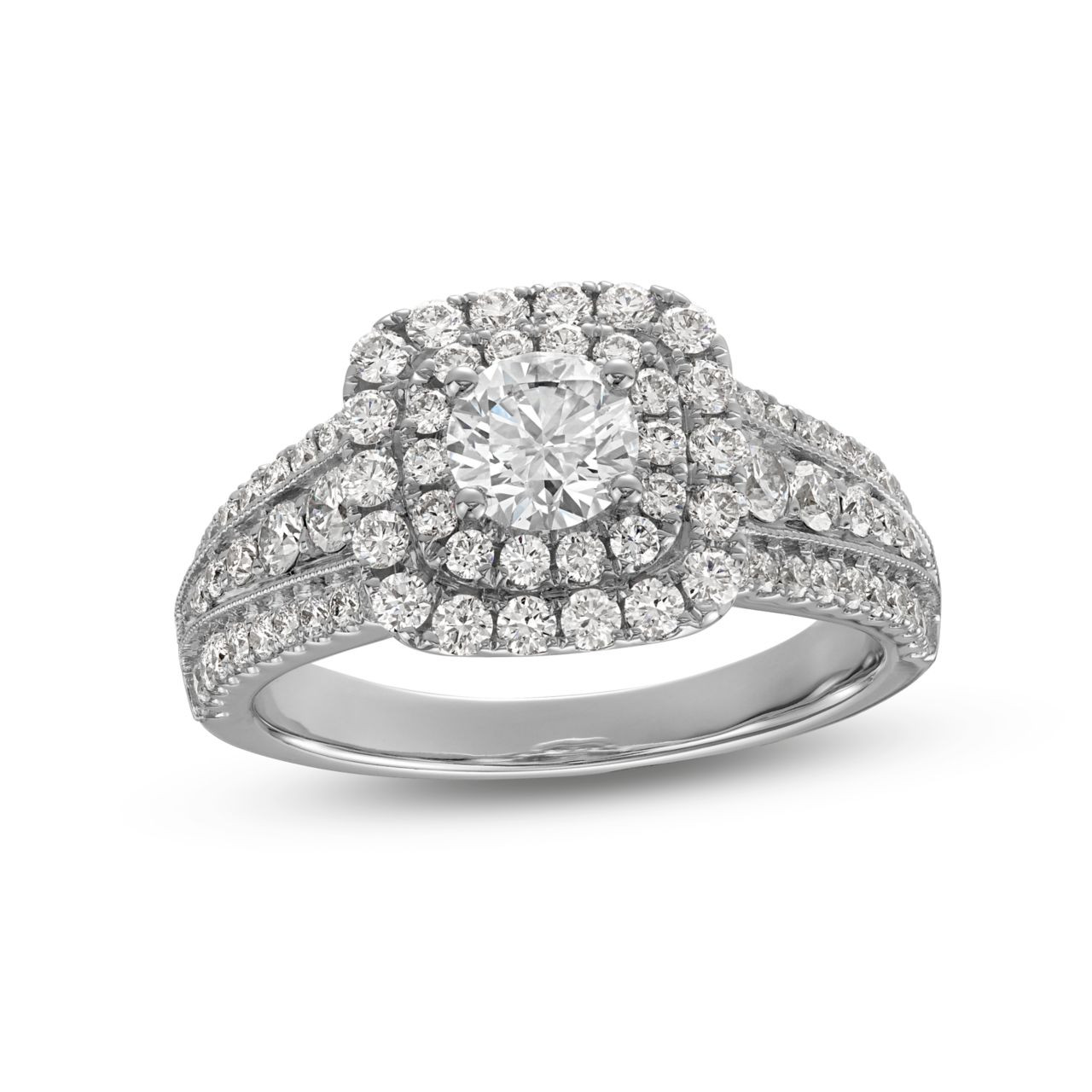 Round Diamond Double Halo Three Row Engagement Ring