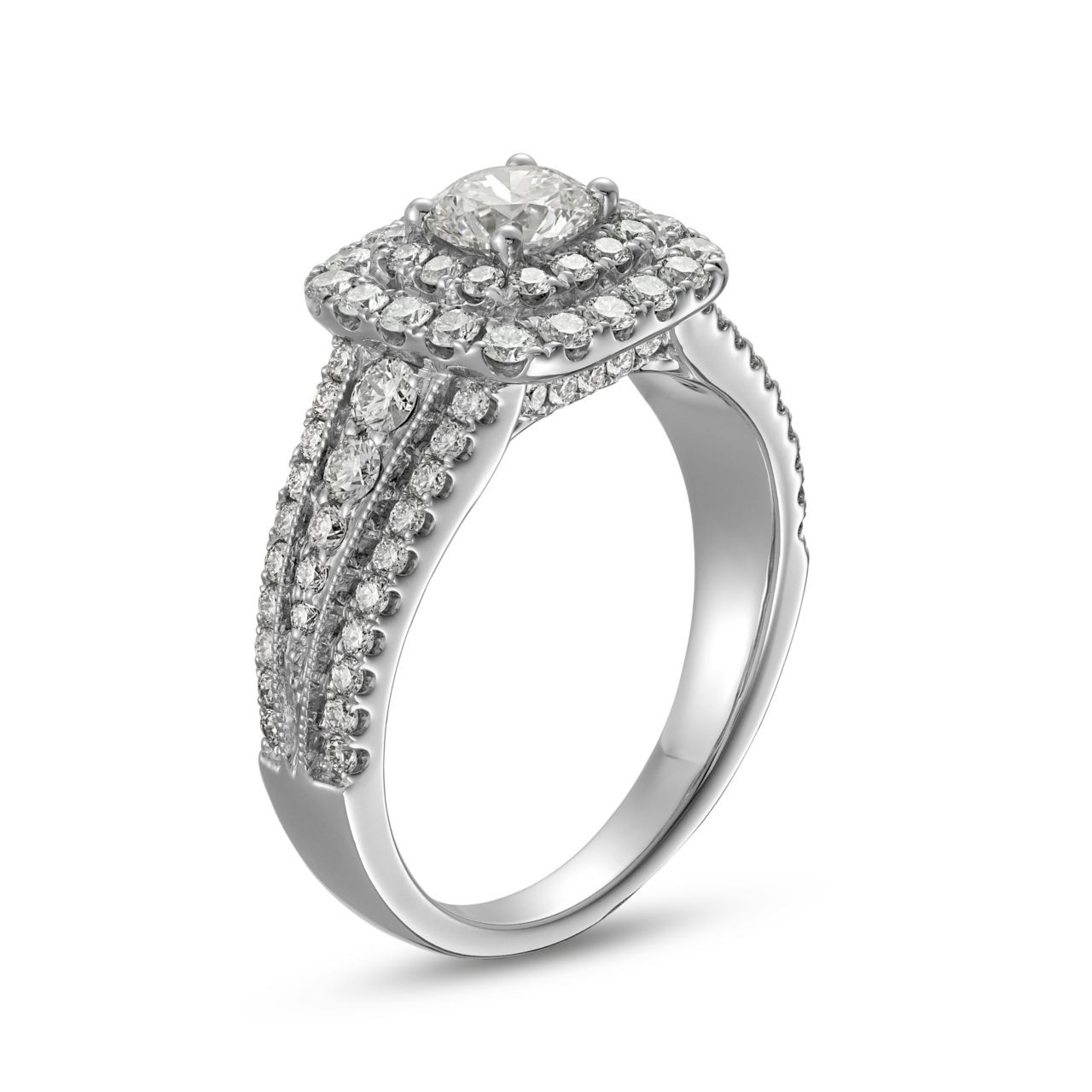 Round Diamond Double Halo Three Row Engagement Ring