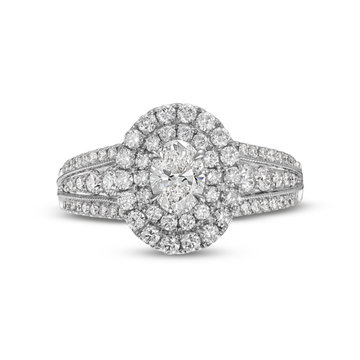 Oval Diamond Double Halo Three Row Engagement Ring In White Gold 14K