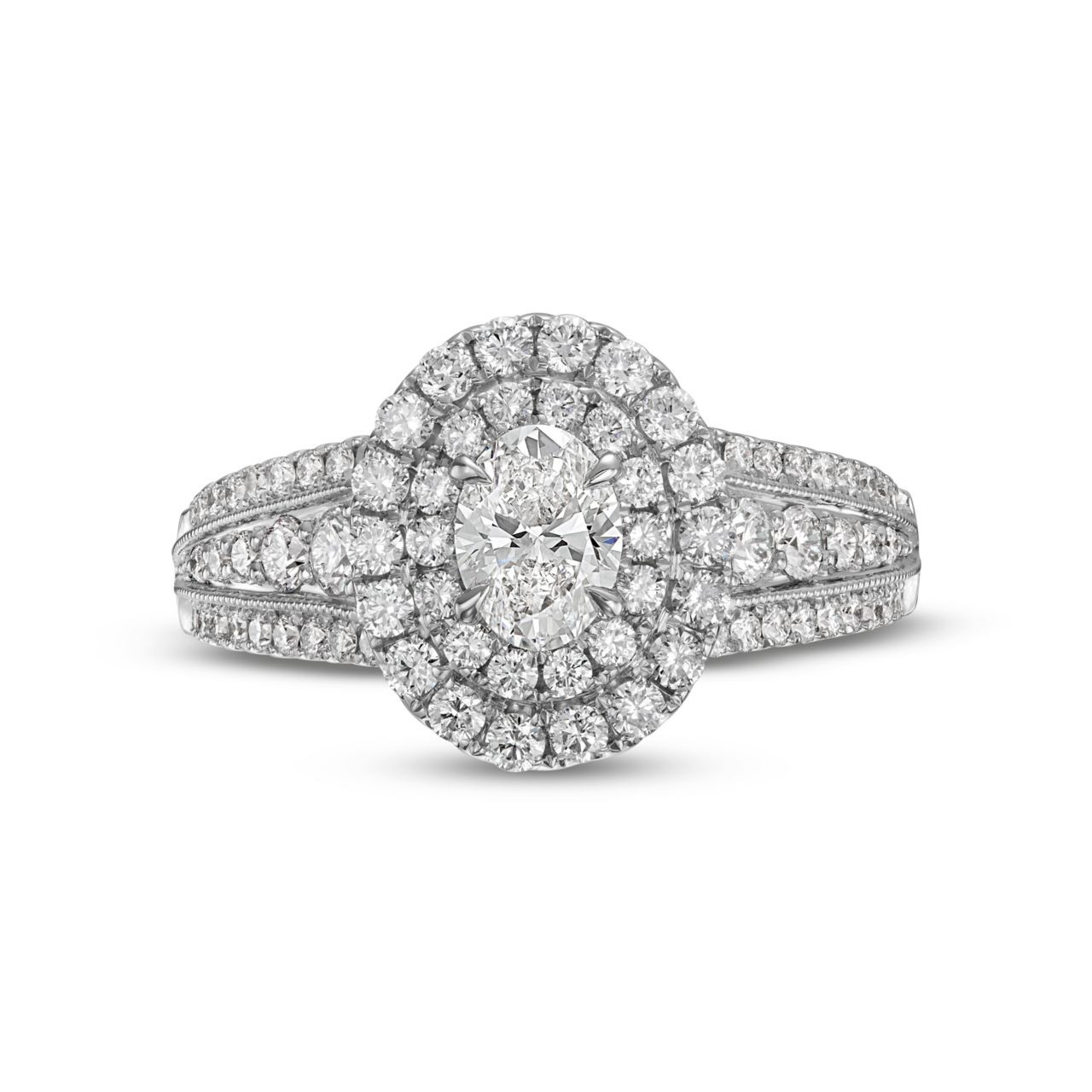 Oval Diamond Double Halo Three Row Engagement Ring 0