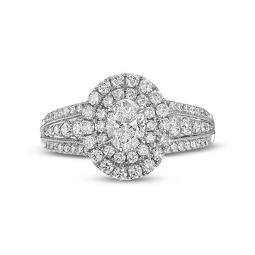 Oval Diamond Double Halo Three Row Engagement Ring In White Gold 14K
