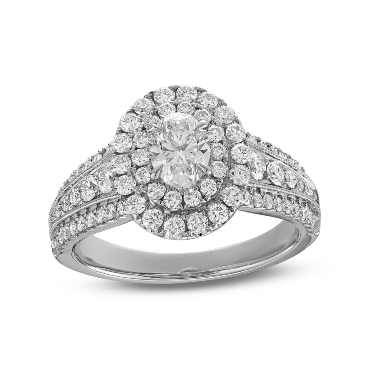 Oval Diamond Double Halo Three Row Engagement Ring 2